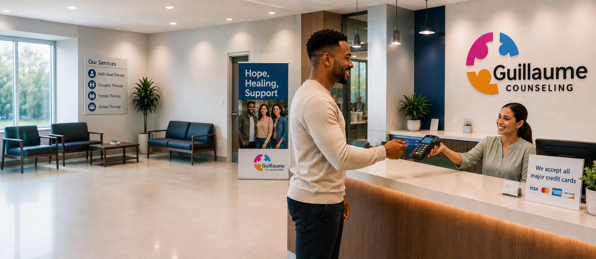 Client paying for services with credit card at reception desk