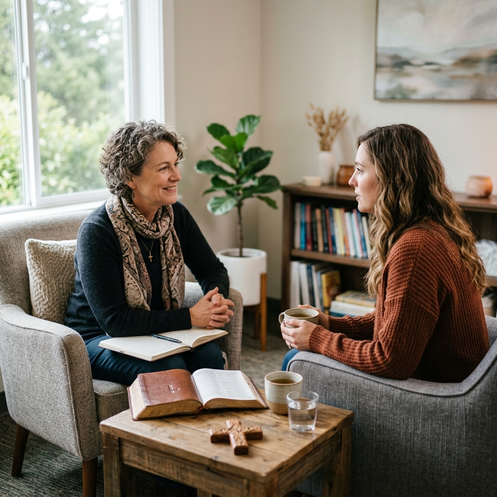 A peaceful Christian counseling session integrate faith and emotional well-being.